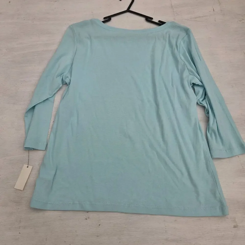 Talbots Womens Size XL Petite Blue 3/4 Sleeve Round Neck Top Pima Cotton